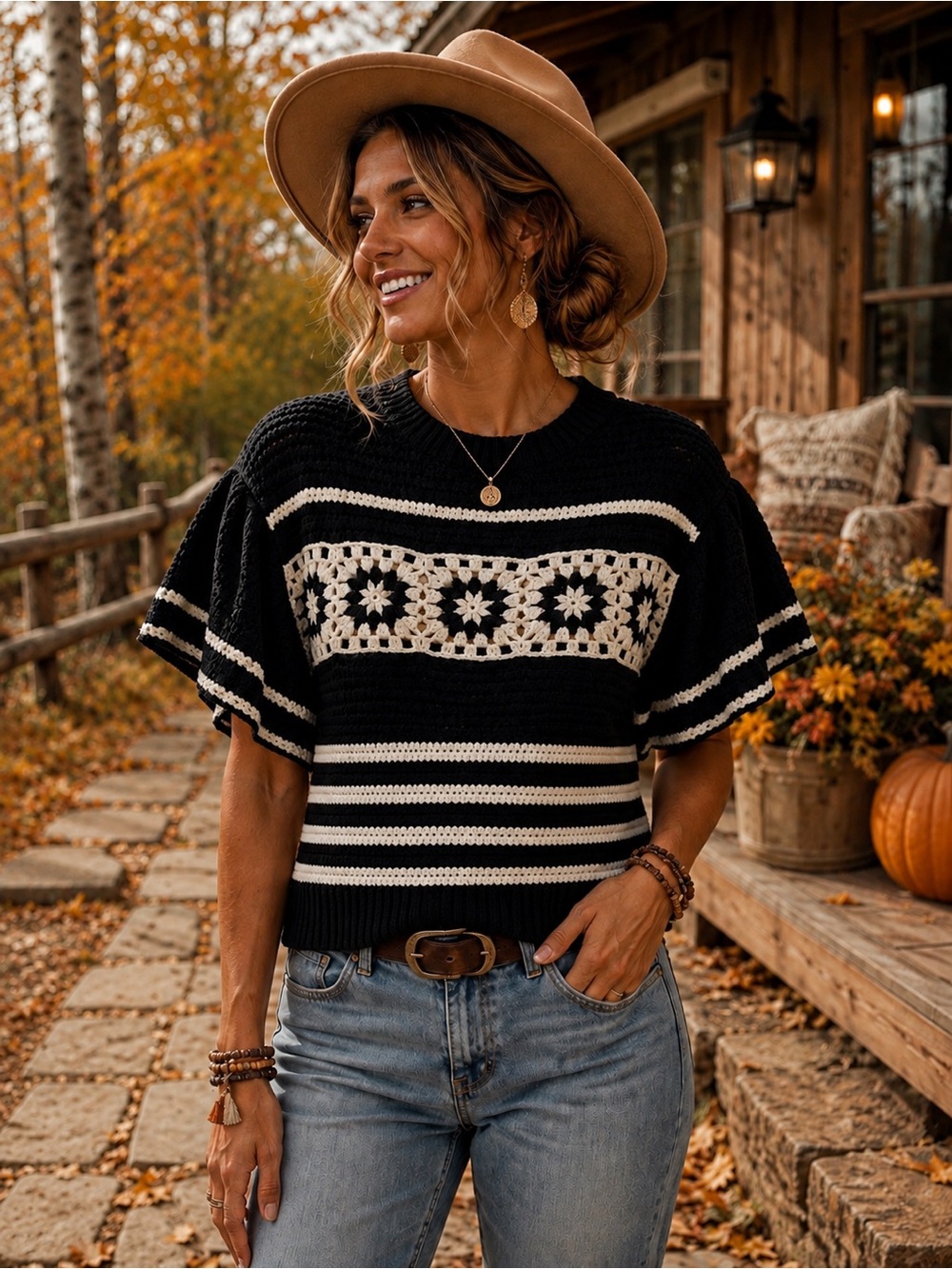 BIBI NWT Black Cream Crochet Granny Square Striped Sweater L - See Measurements
